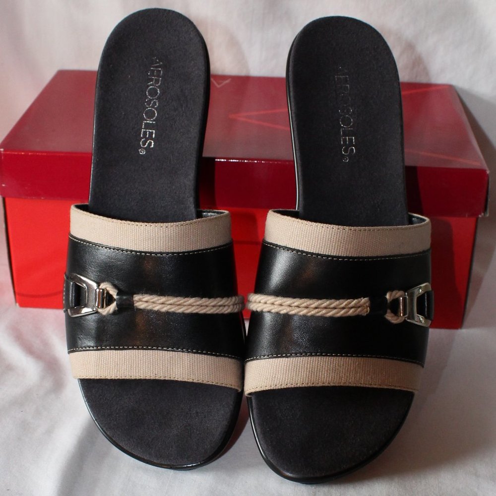 NIB Aerosoles Sea Squirt Black Tan Slides Sz 8M - Picture 2 of 9